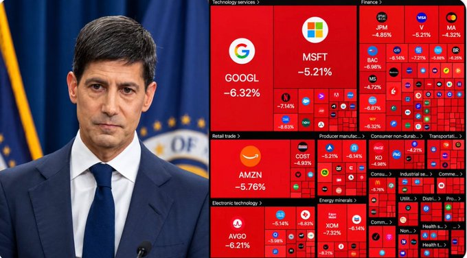A man in a suit stands before an American flag beside a stock market visualization showing widespread declines, including tech giants GOOGL (-6.32%), MSFT (-5.21%), and AMZN (-5.76%), as well as AVGO (-6.21%) and JPM (-4.85%). The image visually reinforces the post's message about tightening monetary policy expectations weighing on risk assets, illustrating the broad market sell-off that occurs when "the signal that rate hikes aren't over" takes hold.