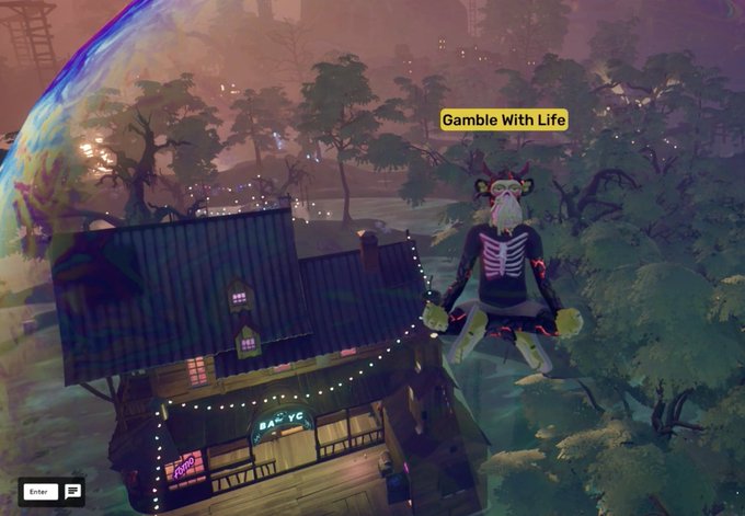A video game screenshot showing a spooky house at night with a large skeleton figure sitting on it, accompanied by the text 'Gamble With Life' and an 'Enter' prompt.