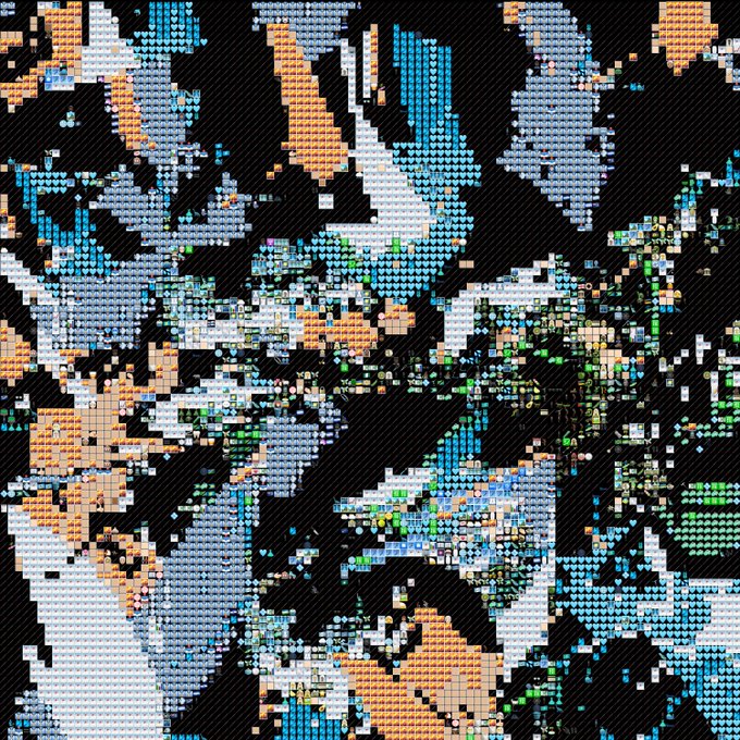 The image features a black background with an abstract pattern of dots and lines that appear to be made up of small squares or circles. The colors used are predominantly blue, green, orange, and white, creating a visually striking contrast against the dark backdrop. The image is accompanied by a caption that reads "art to decorate space, music to decorate time, VR painting color edited on my phone and minted today @ zero ________ one".