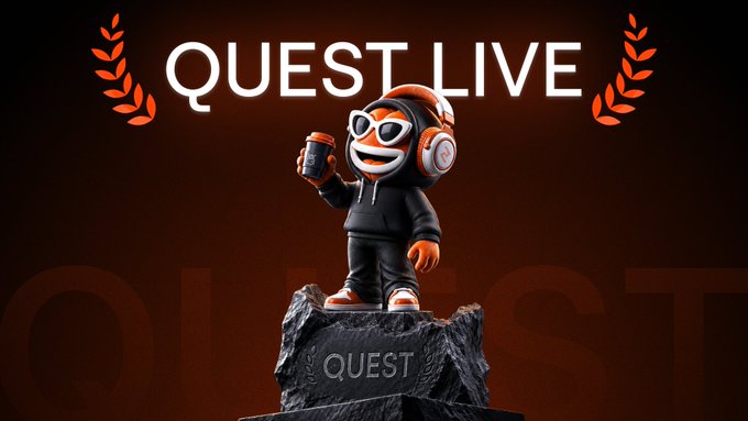 3D cartoon character wearing a hoodie and headphones holding a coffee cup on a pedestal labeled 'QUEST' under the heading 'QUEST LIVE'.