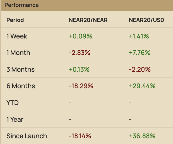 A performance table showing NEAR20 cryptocurrency returns, with -2.83% for 1 Month and +7.76% for 1 Month NEAR20/USD, down -18.29% over 6 Months.