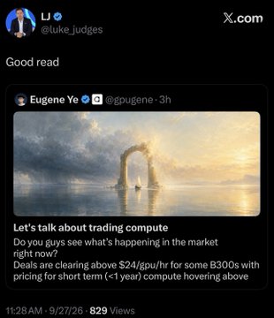 A screenshot of an X post by Luke Judges (@luke_judges) quote-sharing a tweet from Eugene Ye (@gpugene) that reads "let's talk about trading compute," discussing deals clearing above $24/gpu/hr for some B300s with short-term compute pricing, accompanied by an ethereal thumbnail image of an archway reflected over water at sunset—artwork the captioner suggests may be a visual "sign" connecting to an earlier Ripple-related post.