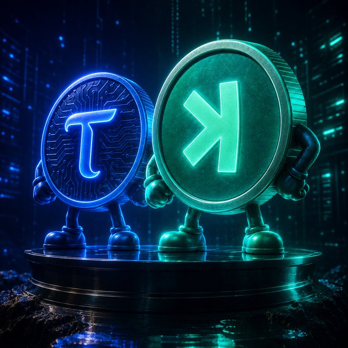 The image features two cartoon characters, one green and one blue, standing next to each other on a platform. The green character has a "K" on its head, while the blue character also has a "K" on its head. They are positioned in front of a black background with neon lights, giving them an ethereal appearance. The image is related to the post because it features two characters that represent the AI inference layer and the proof-of-work money layer, respectively. These characters symbolize the concept of decentralization and control resistance against centralized authority, which is often discussed in relation to Bitcoin and other cryptocurrencies.