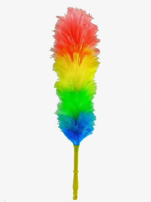 A colorful rainbow duster with red, orange, yellow, green, and blue feathers attached to a yellow plastic handle, isolated on a white background.