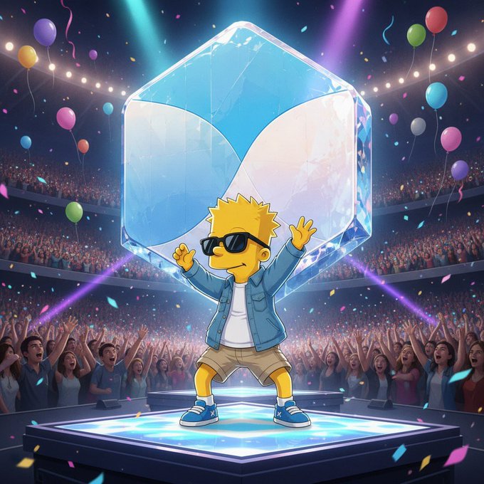 The image shows the cartoon character Bart Simpson wearing sunglasses and a denim jacket, striking a dab pose on a lit concert stage, with a glowing blue hexagonal ice cube looming behind him as a massive crowd cheers amid colorful balloons and confetti.

The image doesn't appear to relate to the post's content about DeFi collateral, sUSDC, or TermMaxFi—the whimsical cartoon concert scene doesn't visually represent any of those concepts, making it an odd or generic choice for the financial commentary.