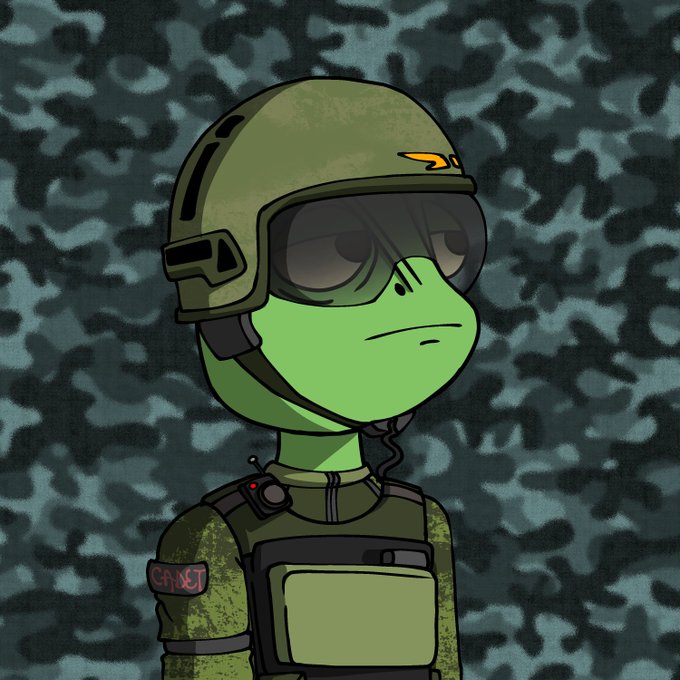 A cartoon illustration of a green frog soldier wearing a tactical helmet, dark goggles, and military gear with 'СЛАВЕТ' (SLAVET) written on the arm patch, set against a dark green camouflage background.