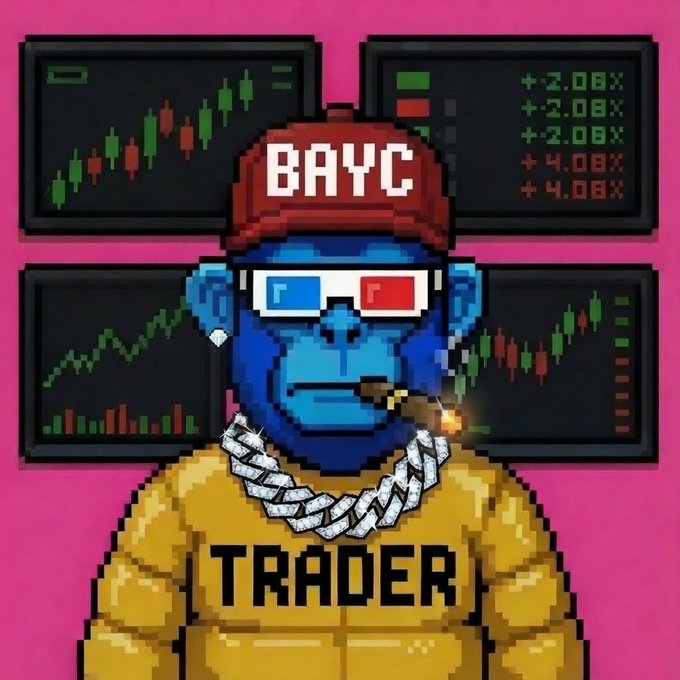 A pixel art illustration of a blue Bored Ape (BAYC) wearing a red 'BAYC' cap and 3D glasses, smoking a cigar and wearing a gold chain with a 'TRADER' shirt, surrounded by stock charts.