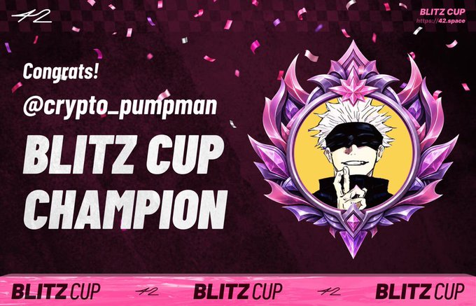 A digital graphic celebrating '@crypto_pumpman' as the 'BLITZ CUP CHAMPION' for 42.space, featuring an anime character with sunglasses inside a pink and purple ornate frame against a confetti background.