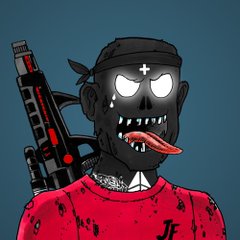 A stylized cartoon character wears a black ski mask with a menacing face featuring a protruding tongue, paired with a red shirt and a rifle strapped to their back, fitting the edgy aesthetic of the "JungleFreaks" NFT collection.