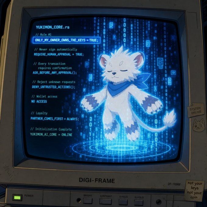 The image depicts a Digimon-style "Digi-Frame" displaying the source code of a Yukimon_AI_CORE.rs, where Rule #1 reads "ONLY_MY_OWNER_OWNS_THE_KEYS = TRUE," alongside other security rules like "REQUIRE_HUMAN_APPROVAL = TRUE" and "NO ACCESS," with a cute white Yukidarumon mascot projected at the center. A sticky note on the monitor reads "not your keys not your coin," reinforcing the post's message about AI agents respecting owner-only key ownership and human authorization.