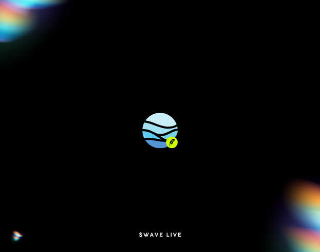 A dark promotional graphic with colorful blurred light accents in the corners features a central blue circular logo with a white wavy design and a small yellow notification badge. Below the logo, white text reads "SWAVE LIVE," announcing the launch of the WAVE token.