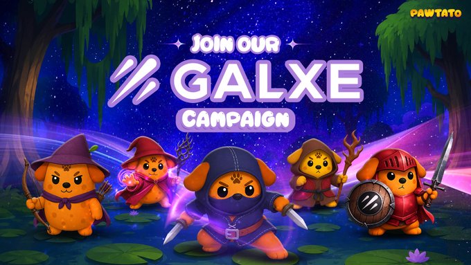 Colorful promotional graphic reading 'JOIN OUR GALXE CAMPAIGN' featuring five cartoon dog characters dressed as a wizard, sorceress, ninja, mage, and knight in a magical forest setting with 'PAWTATO' branding.