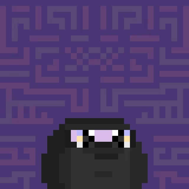 Pixel art of a black character wearing large sunglasses with a reflection visible in the lenses, set against a purple patterned background.
