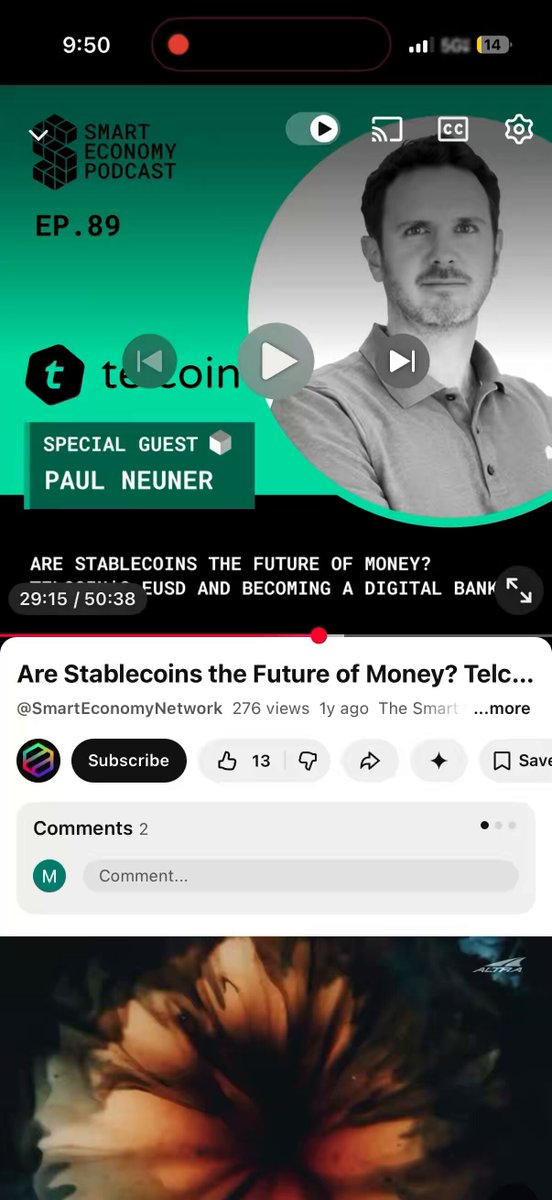 The image shows a phone screen displaying an event page for Telcoin. The title of the event is "Telcoin is pumping, and for good reason. Listen to @TelcoinPaul interview from a few months back. What @telcoin is building is unlike anything else in crypto a digital asset bank out of Nebraska with a vision that goes far beyond remittances". The image also includes a photo of a flower on the right side of the screen, and there are several comments below the event page.