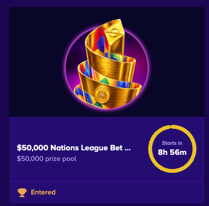 A glowing golden trophy icon appears above a "$50,000 Nations League Bet" promotion with a $50,000 prize pool, starting in 8h 56m, marked as "Entered." The graphic illustrates the UEFA Nations League Bet Race on Biggerz, where the user has already joined the $50k pool contest running September 24 through October 8.