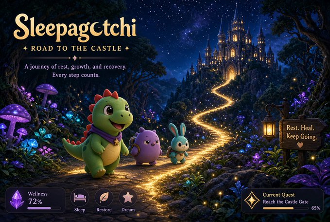 Fantasy-style game/app promotional image titled 'Sleepagetchi ✦ Road to the Castle' featuring cute dragon and bunny characters on a glowing path, with a wellness meter at 72% and current quest 'Reach the Castle Gate' at 65%.