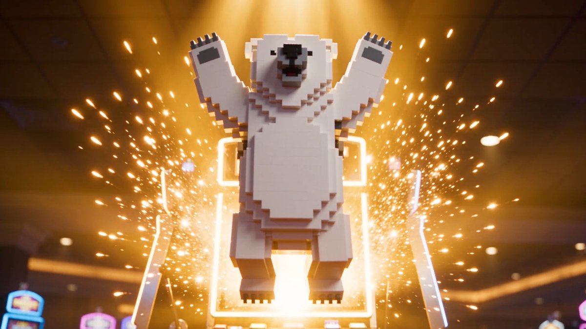 A 3D voxel-style white bear statue with arms raised triumphantly, surrounded by golden sparks against a dark background.