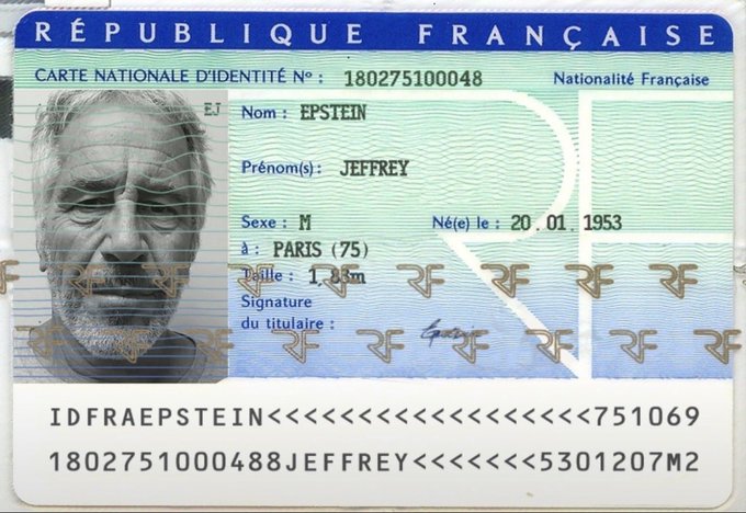 A French national identity card ("RÉPUBLIQUE FRANÇAISE") in the name of JEFFREY EPSTEIN, with a photo of an elderly man, born 20.01.1953 in Paris, with the ID number 180275100048.
