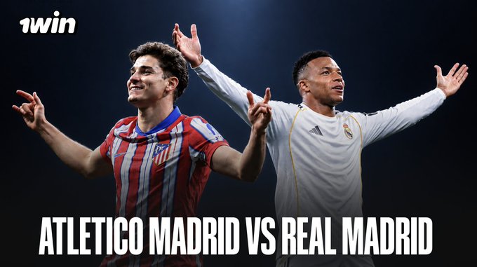 1Win sports betting promo featuring Atletico Madrid vs Real Madrid, showing soccer players Julián Álvarez and Kylian Mbappé celebrating.