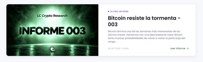 LC Crypto Research 'Informe 003' article thumbnail with the Spanish headline 'Bitcoin resiste la tormenta – 003' dated 20 SEP 2026, noting Bitcoin ended a strong week above key resistance.