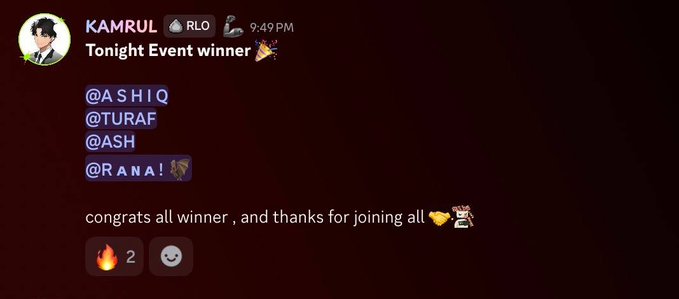 A Discord message from 'KAMRUL' at 9:49 PM announcing 'Tonight Event winner 🎉' and tagging users @ASHIQ, @TURAF, @ASH, and @RANA!, followed by a congratulatory message.