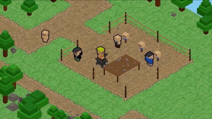 The image shows a pixel-art scene from a game with an isometric view, featuring a fenced-in area where several characters are gathered around a table scattered with weapons like knives and swords, while a sheep-like creature stands nearby on a path. This relates to the post about Kintara, a Web3 game developed by PlayKintara, highlighting its adventure-focused gameplay in a living isometric world as illustrated by this exploration and interaction scene.