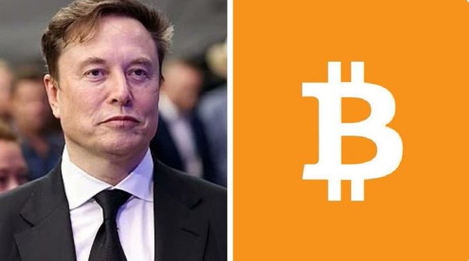 The image is a split composition featuring Elon Musk in a black suit on the left, alongside the Bitcoin (₿) logo on an orange background on the right, visually reinforcing the post's message about Musk's comments linking Bitcoin's value to real-world energy consumption rather than fiat currency.