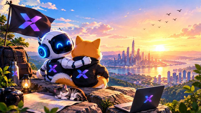 A digital illustration of a robot and a Shiba Inu dog wearing matching vests with an 'X' logo, sitting on a cliff overlooking a city at sunset with an X flag flying nearby.