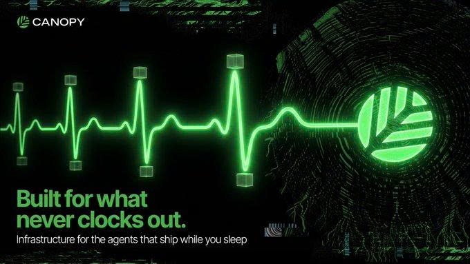 A Canopy advertisement with a green heartbeat-style line graphic and the tagline "Built for what never clocks out. Infrastructure for the agents that ship while you sleep."