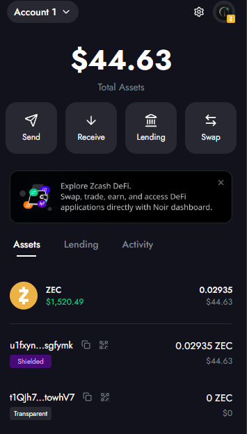 A cryptocurrency wallet interface showing '$44.63 Total Assets' with ZEC holdings (0.02935 ZEC valued at $44.63) and a Shielded address on Zcash.