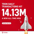 The image features a rocket launching into space with the caption "14.13 Million Transactions in One Day!" printed below it. The photo includes a text box stating that this particular day was June 5th, and the #TRON network achieved a milestone of 14.13 million transactions in one day during the same date.