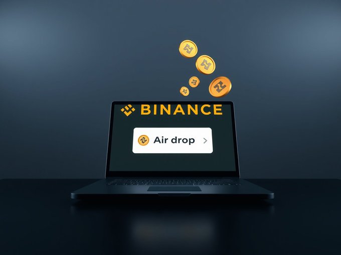 A laptop displays the Binance logo with an 'Air drop' button on screen, while gold Binance cryptocurrency coins float above it against a dark blue background.