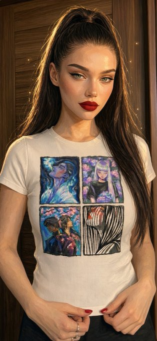 A young woman with long dark hair wearing a white t-shirt featuring four colorful anime/illustration graphic panels.