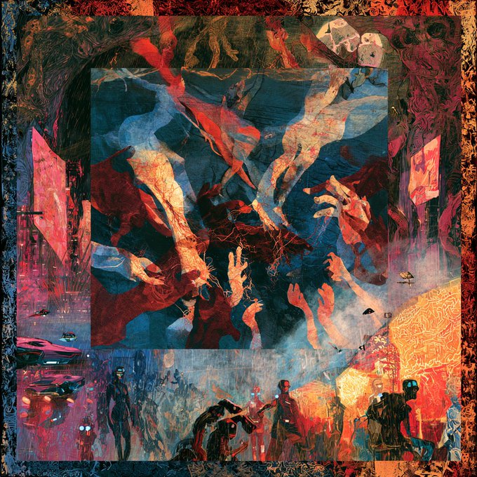 A surreal, multi-layered collage artwork features dreamlike figures with flowing hair and outstretched hands set against vibrant red, blue, and orange tones, surrounded by smaller scenes of people and abstract forms—evoking a cinematic, montage-like feel that visually captures the essence of "our movie."
