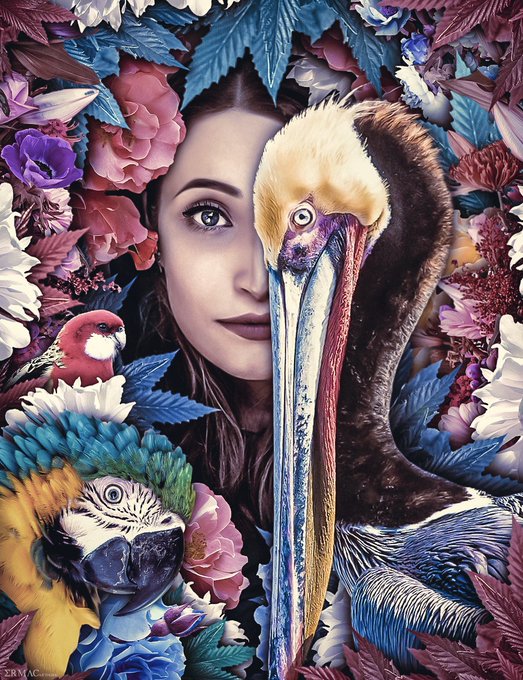 A surreal digital artwork featuring a woman's face surrounded by lush flowers, with a pelican and a colorful parrot beside her.