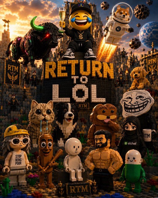 A complex digital collage with a Minecraft-style aesthetic featuring the text 'RETURN TO LOL' surrounded by various characters including a Shiba Inu in a spacesuit, emoji faces, animals, and LEGO-like figures, with 'RTM' text on banners.