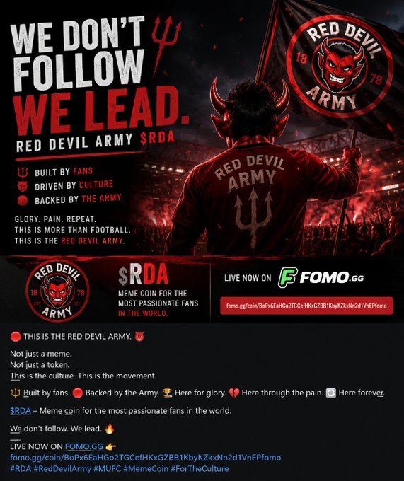 A promotional graphic for '$RDA - Red Devil Army' meme coin featuring a red devil mascot holding a flag, with text 'WE DON'T FOLLOW WE LEAD.' and a link to FOMO.gg.