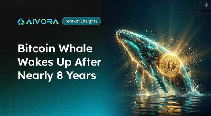 An Aivora Market Insights graphic titled 'Bitcoin Whale Wakes Up After Nearly 8 Years,' featuring an artistic whale holding a Bitcoin coin.