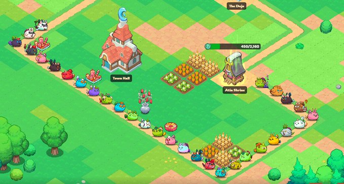 In an isometric game world labeled "The Dojo," numerous colorful Axie characters are scattered across grassy terrain, queuing up in long lines beside buildings like "Town Hall" and "Axie Shrine." A resource counter displays "450/7360," reinforcing the game's farming and creature-management theme and visually demonstrating the post's claim that players can freely arrange their Axies within Terrariums.