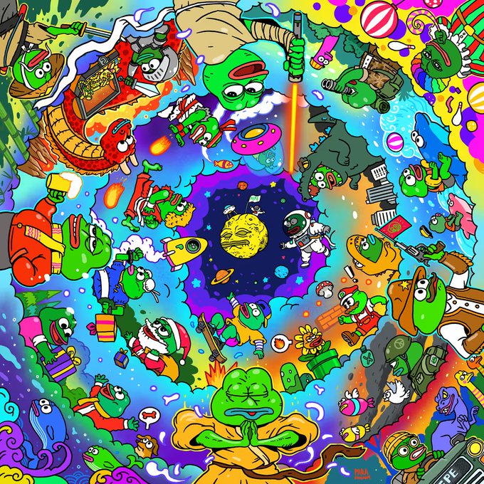 A vibrant, psychedelic illustration features dozens of Pepe the Frog characters in various scenarios—astronauts, knights, warriors, and adventurers—surrounding a central meditating Pepe against a cosmic background. The chaotic, meme-filled artwork ties into the post about the Pepe Explorers NFT project, with the meditating Pepe at the center symbolizing patience amid the "17 invalid wallet addresses" mishap.