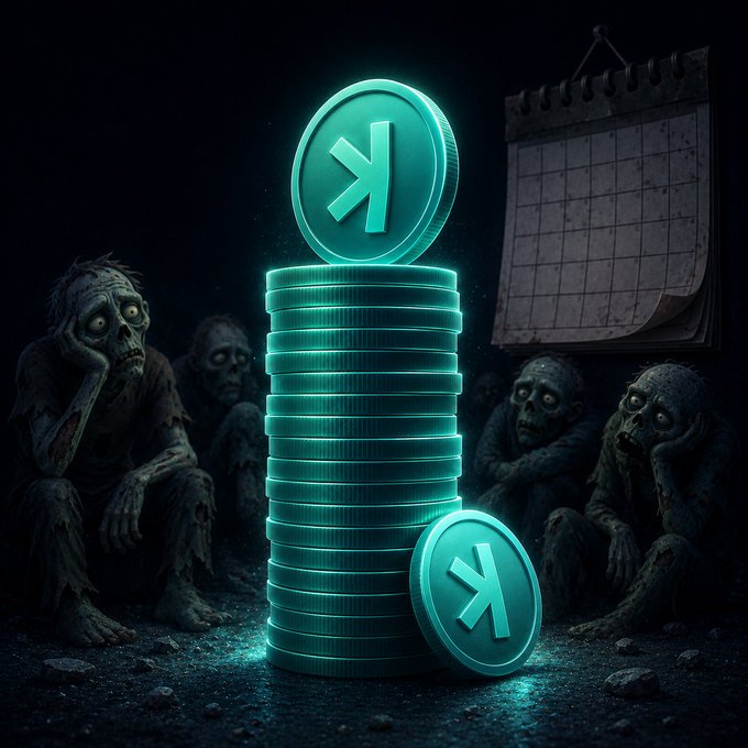 The image features a stack of green coins, with two piles of coins sitting next to each other. The top pile has a "K" on it, while the bottom pile also has an "K". There are four zombies sitting around these stacks of money, appearing to be waiting for something or someone. In the background, there is a calendar hanging on the wall.