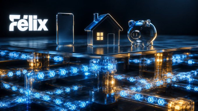 A 3D-rendered digital graphic featuring the 'Felix' logo alongside a smartphone, house, and piggy bank icon, with illuminated blockchain network lines below.