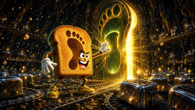 A vibrant digital illustration of an anthropomorphic bread slice character with a footprint design on it, wearing white gloves and yellow shoes, walking through a glowing golden cave.