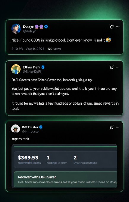 A Twitter/X screenshot showing tweets from @dolzyn, @EthanDeFi, and @biff_buster discussing DeFi Saver's Token Saver tool, with Biff Buster showing $369.93 recoverable tokens and a 'Recover with DeFi Saver' button.