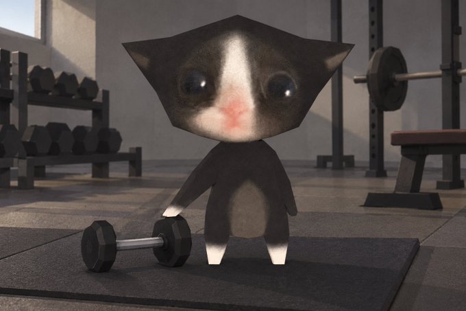 A black and white cat with large eyes stands on a gym floor next to a dumbbell, rendered in a 3D cartoon style.