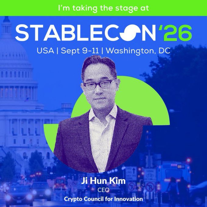 A promotional graphic for 'STABLECON '26' (Sept 9-11, Washington, DC) featuring a stylized illustration of Ji Hun Kim, CEO of Crypto Council for Innovation.