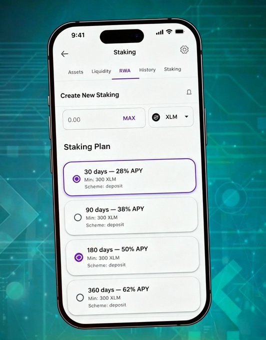 The image shows a smartphone displaying the Sl8 app's RWA Staking interface, where users can stake XLM (Stellar Lumens) with four available plans: 30 days at 28% APY, 90 days at 38% APY, 180 days at 50% APY, and 360 days at 62% APY, each requiring a minimum of 300 XLM. The high APY rates visualized in the app directly support the post's call to action encouraging the "CASSATOR ARMY" to participate in the Independence Day staking event before it ends.
