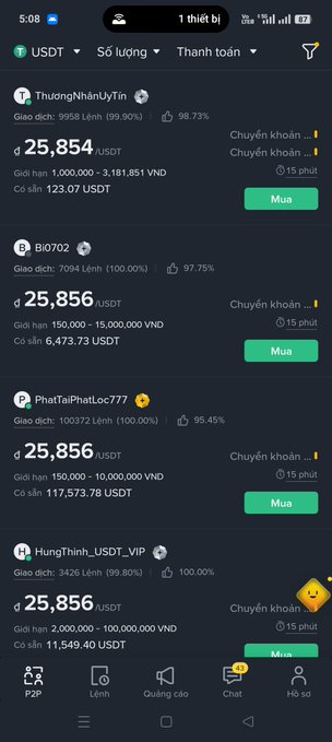 A screenshot of a cryptocurrency trading app in Vietnamese, displaying USDT exchange rates around 25,856 VND from various sellers.