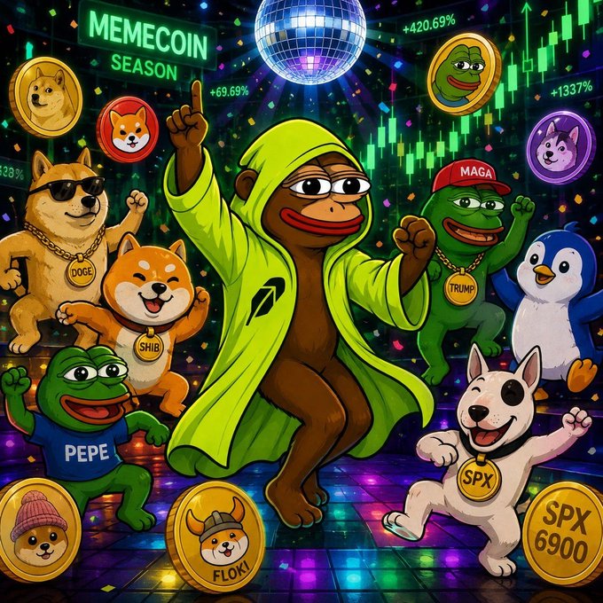 A vibrant cartoon illustration titled 'MEMECOIN SEASON' featuring various meme coin characters including DOGE, SHIB, PEPE, FLOKI, TRUMP, and SPX 6900 dancing at a disco with a disco ball and green price chart showing gains of +420.69% and +1337%.