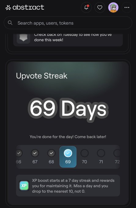 A mobile app screen for 'abstract' showing an 'Upvote Streak' of 69 days, with checkmarks for days 66-69 and information about XP boost rewards.